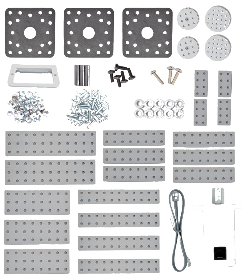 FlexForge Basic parts laid out: three square motor plates, four gears, brackets, beams of several lengths, screws, nuts and a motor with its cable